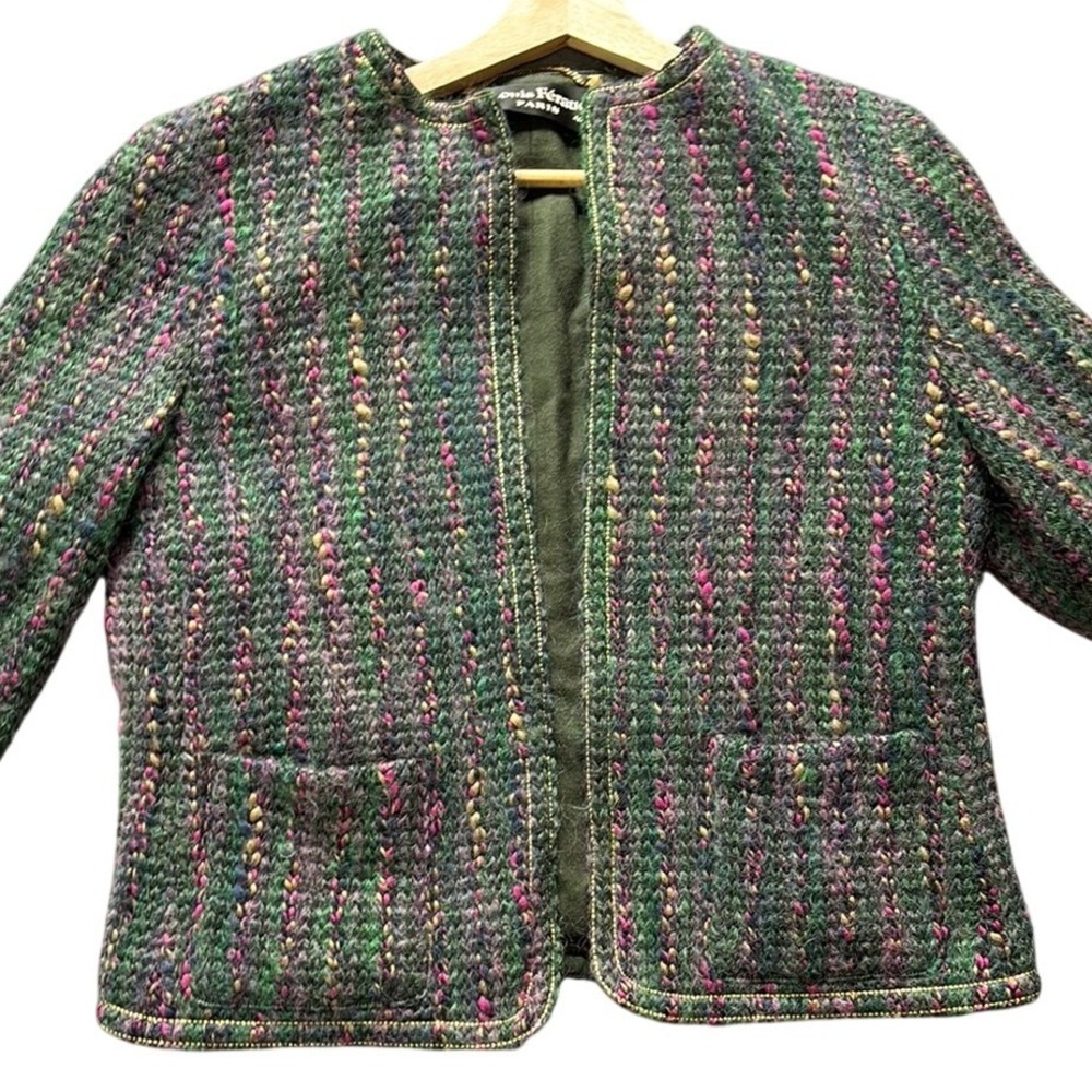 Louis Feraud Jacket Green Multicolor Women 42 Vintage Wool Knit Open‎ Front